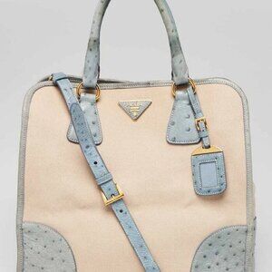 Prada Natural Canvas and Blue Ostrich Tote Bag BN2254